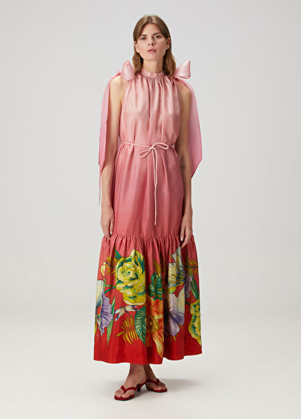 Inez Pink Floral Maxi Silk Dress
