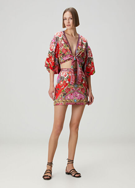 Kırmızı Çiçekli Mini İpek Etek