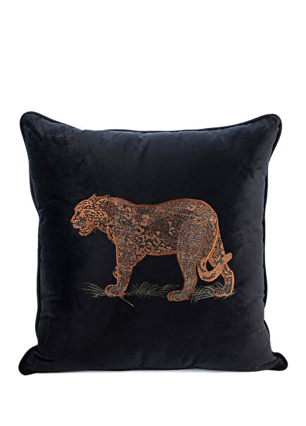 Leopard Embroidered Black Velvet Pillow