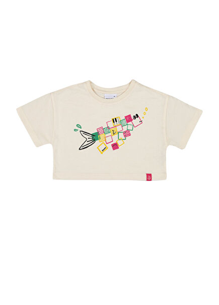 Follow The Shapes Baskılı Ekru Pamuklu Kısa Kollu Crop Kız Çocuk T-Shirt