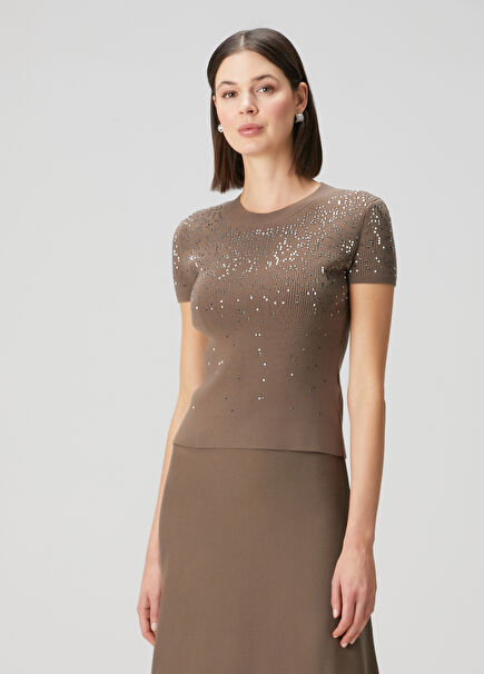 Brown Crystal Printed Sweater