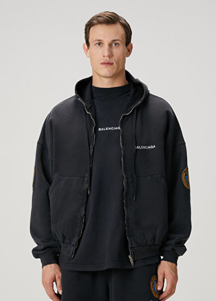 Black Hooded Logo Embroidered Sweatshirt