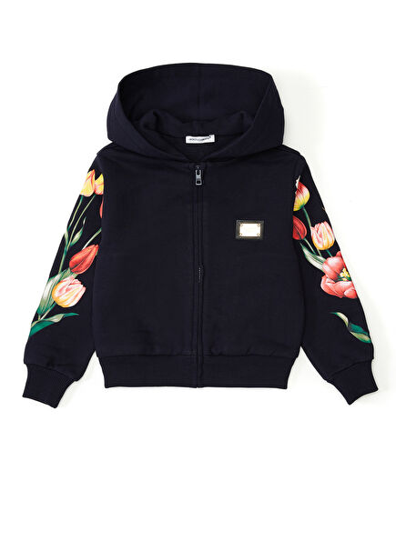 Dark Blue Floral Printed Girls Sweatshirt