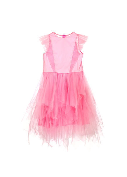 Miss Puffy Pink Pleated Tulle Detailed Short Sleeve Girls' Dress