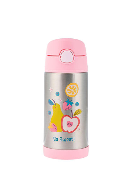 Meyve Desenli Kapaklı Çelik Kız Çocuk Pipetli Suluk