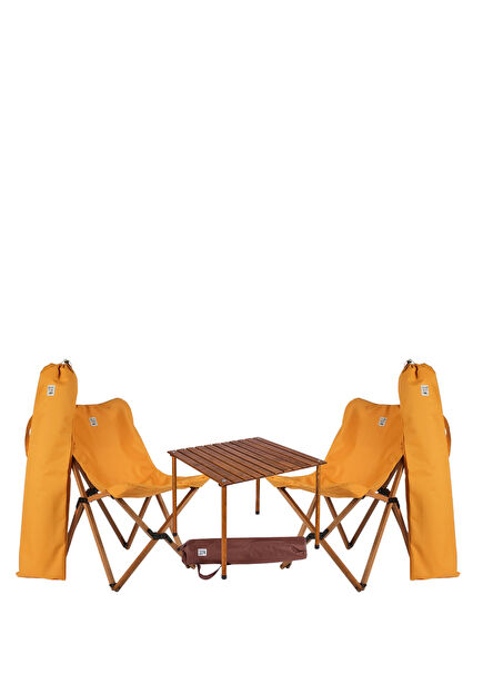Ahşap Kahverengi Hardal Katlanır Kamp Masa ve Sandalye Seti 70x70x55 cm