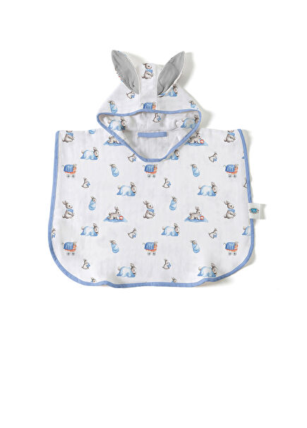 %100 Pamuk Müslin Pamuklu Mavi Çocuk Panço Bornoz