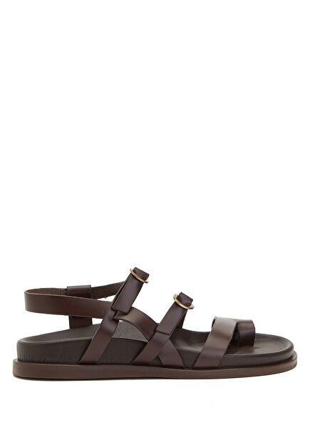 Kahverengi Amorf Tokalı Kadın Deri Sandalet