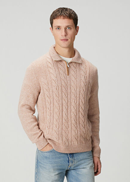 Pembe Yakası Fermuarlı Kaşmir Kazak