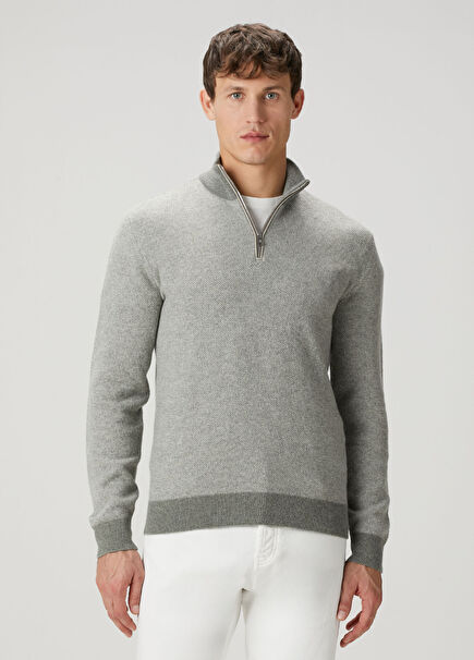 Gri Yakası Fermuarlı Kaşmir Kazak