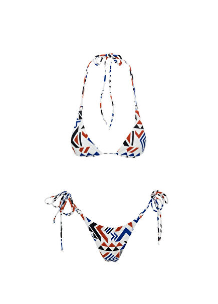 Ansan Beyaz Geometrik Desenli Üçgen Kadın Bikini Takımı