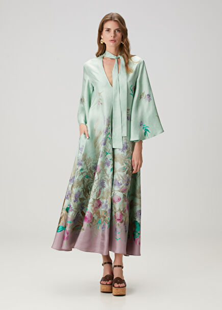 Green Floral Maxi Silk Dress