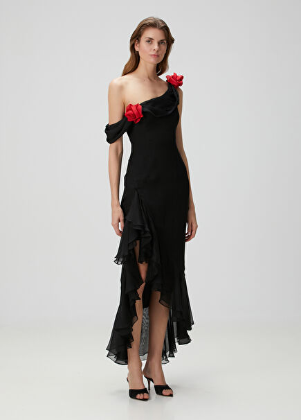 Black Asymmetrical Silk Chiffon Cocktail Dress