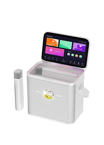 Partybox Shell S3 80W Beyaz 7.1" Dahili Tablet 2 Kablosuz Mikrofon RGB Işıklı Taşınabilir Ses Bombası Karaoke Bluetooth Hoparlör Seti