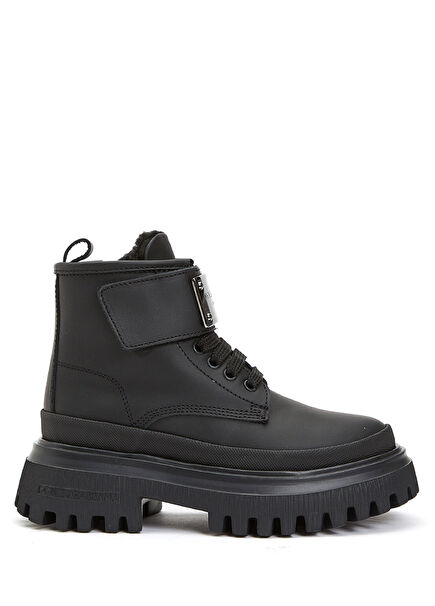 Siyah Logolu Erkek Çocuk Deri Bot