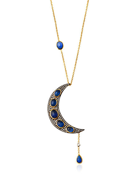 Sapphire and Diamond Crescent 24K Women's Gold Necklace