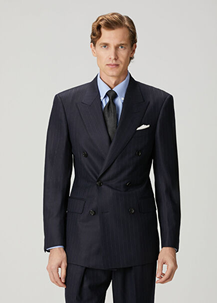 Black Stripe Patterned Wool Double-Breasted Jacket