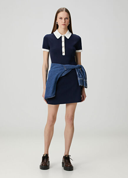 Navy Blue White Mini Knit Dress
