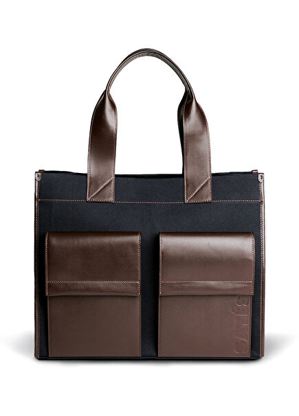 Stitched Pocket Maxi Lacivert Kahverengi Deri Kadın Omuz Çantası