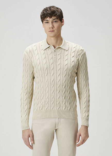 Bej Saç Örgülü Polo Triko