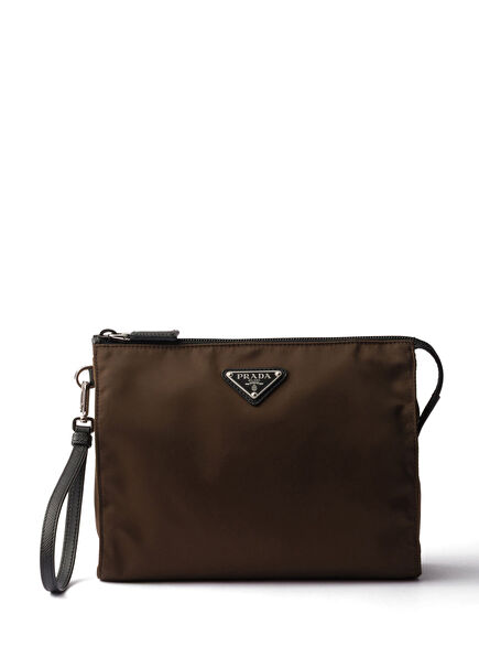 Brown Re-Nylon and Saffiano Leather Women's Makeup Bag