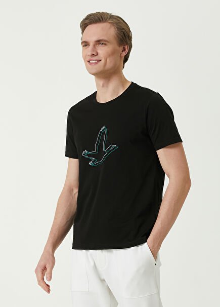 Siyah Çift Çizgi Kaz Baskılı T-shirt