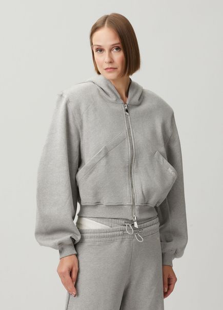 Gri Kapüşonlu Fermuarlı Sweatshirt