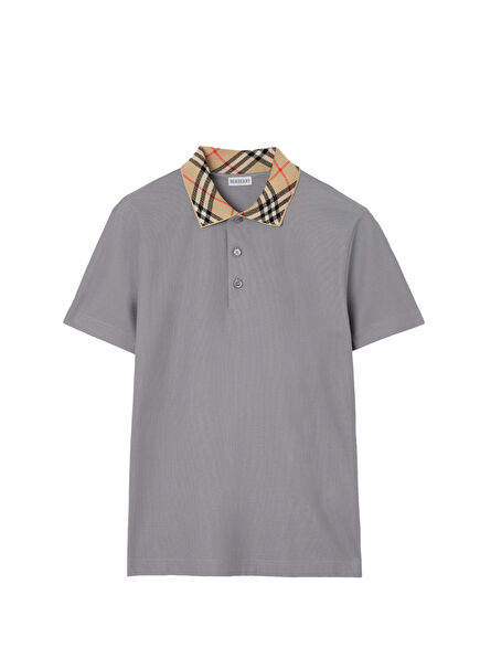 Gray Plaid Detailed Collar Cotton Polo Neck Short Sleeve Men's T-Shirt