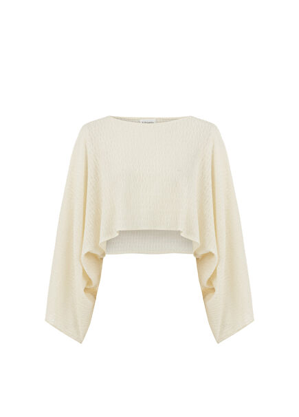 Rio Beige Boat Neck Long Sleeve Women's Crop Blouse