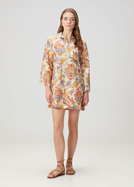 Kırık Beyaz Şal Desenli Mini Plaj Elbisesi