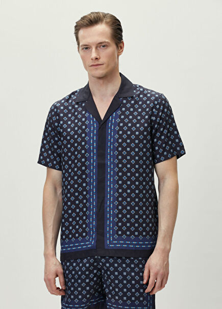 Navy Blue Ethnic Print Short Sleeve Linen Shirt