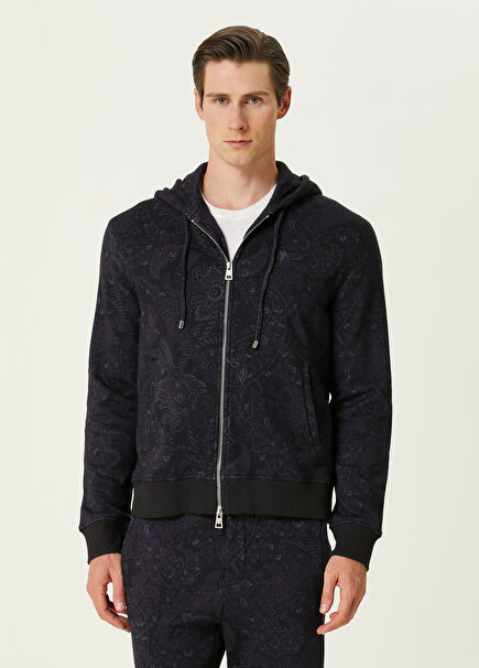 Lacivert Kapüşonlu Etnik Desenli Sweatshirt