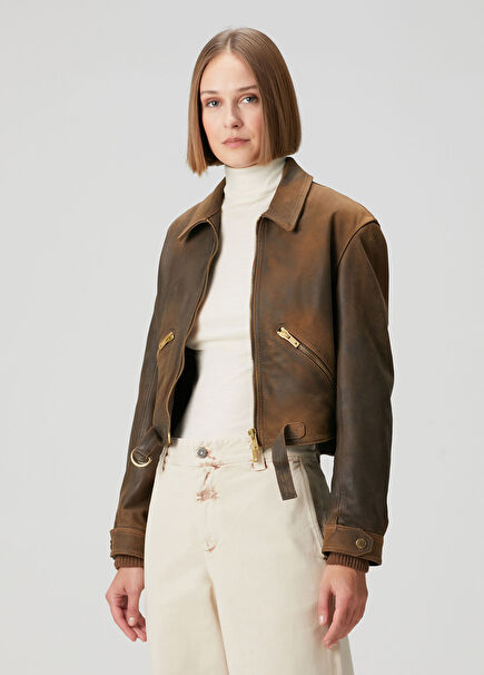 Koyu Kahverengi Deri Biker Ceket