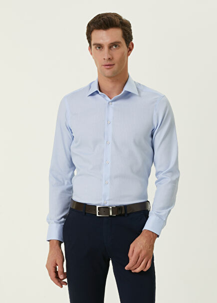 Slim Fit Mavi Non-iron Armürlü Gömlek