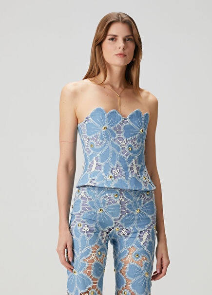 Blue Denim Lace Evening Blouse