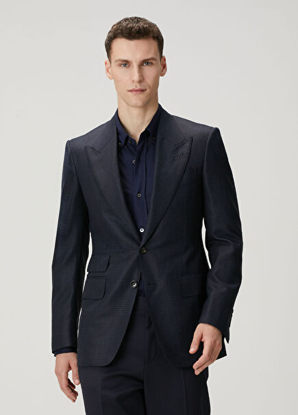 Lacivert Ekose Desenli Yün Ceket