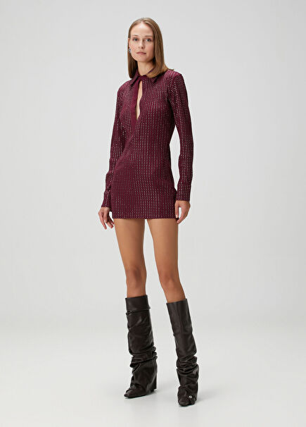 Bordo Taş Detaylı Mini Polo Elbise