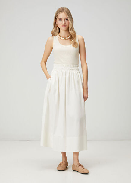 Kırık Beyaz Beli Lastikli Midi Etek