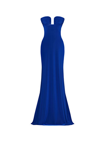Sax Blue Drape Detailed Jersey Strapless Women's Long Evening Dress