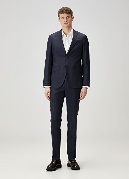 Navy Blue Plaid Patterned Wool Suit