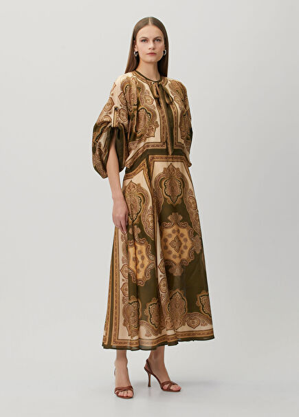Khaki Midi Silk Evening Dress