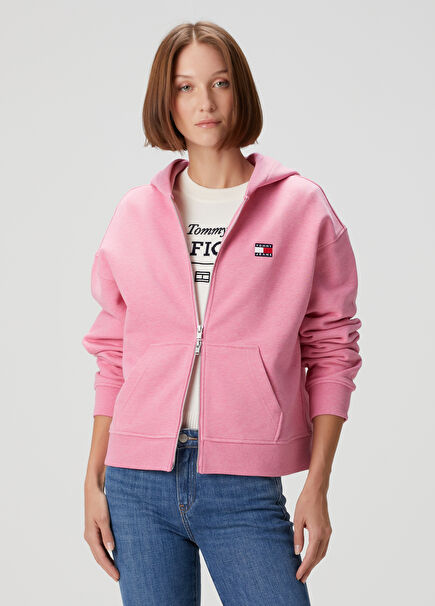 Boxy Pembe Kapüşonlu Fermuarlı Sweatshirt