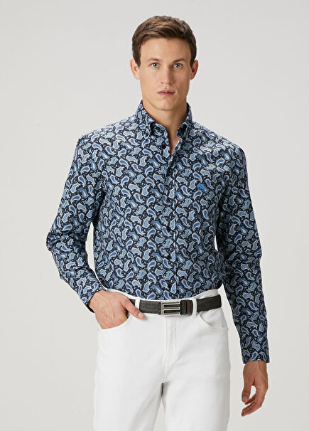 Mavi Etnik Desenli Gömlek