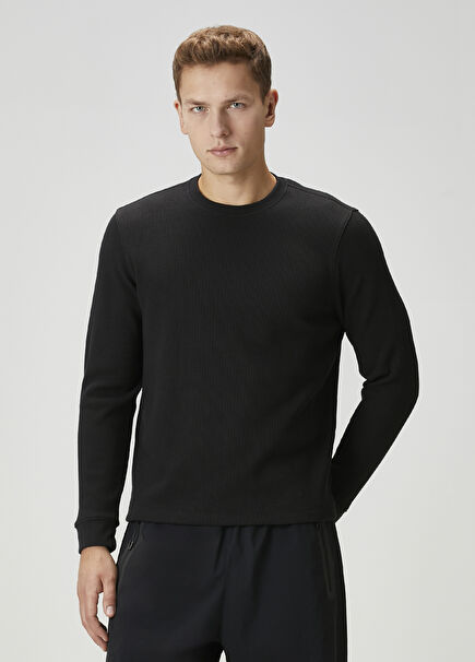Siyah Waffle Dokulu Organik Pamuk Sweatshirt