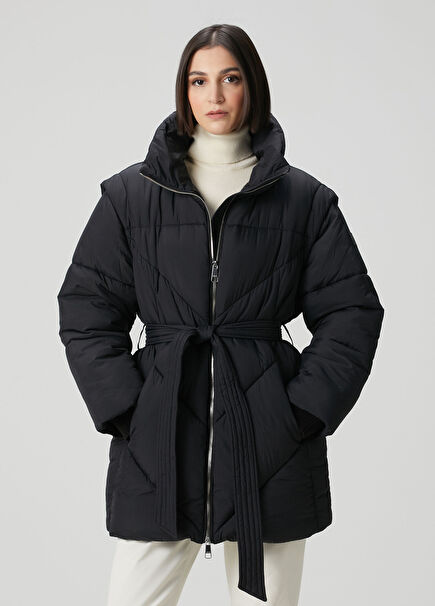 Piobella Siyah Beli Kuşaklı Puffer Mont
