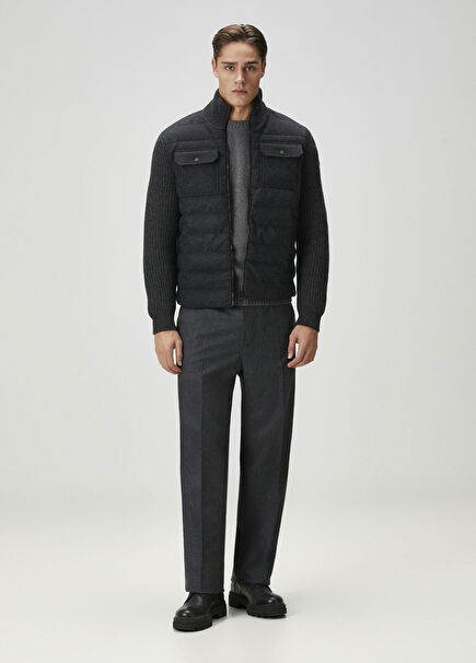 Koyu Gri Beli Kordonlu Yün Pantolon