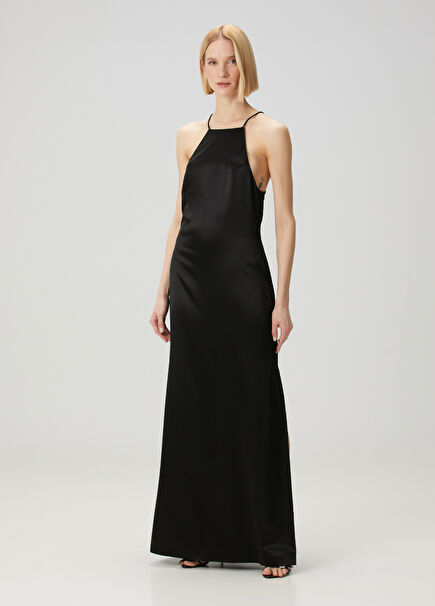 Joya Black Maxi Satin Evening Dress