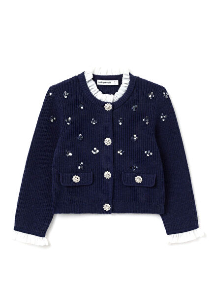 Navy Sequin Embellished Girls' Knitted Cardigan