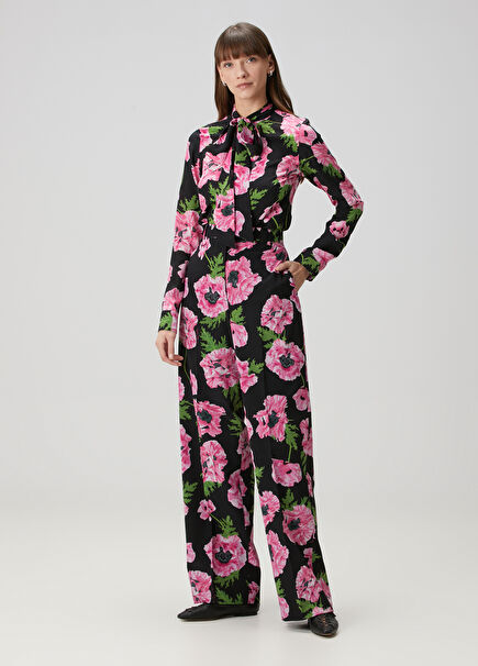 Pink Black Floral Print Pants