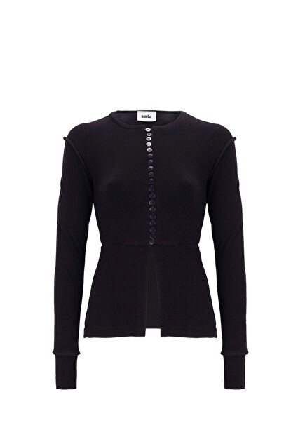 Black Viscose Buttoned Long Sleeve Women's T-shirt